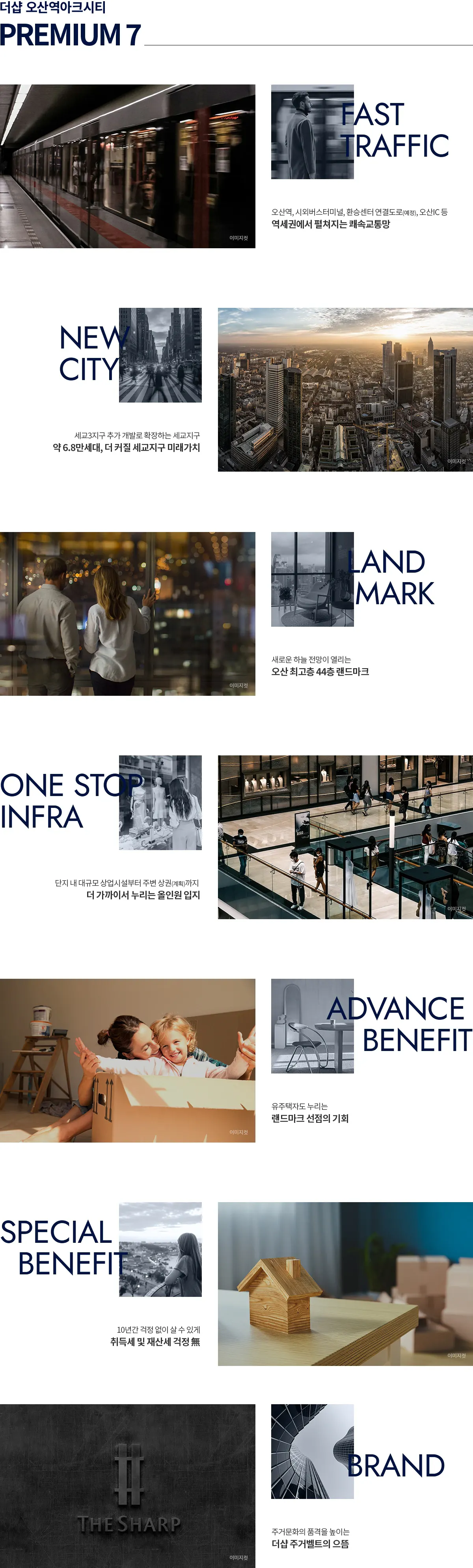 더샵 오산역아크시티 PREMIUM 7 인포그래픽 — FAST TRAFFIC, NEW CITY, LANDMARK, ONE STOP INFRA, ADVANCE BENEFIT, SPECIAL BENEFIT, BRAND
